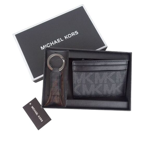 MICHAEL KORS Men's Card Case Wallet & Key Fob/Key Chain Logo MK Black 2-PC NIB - Picture 1 of 8